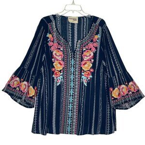 Savannah Jane Floral Embroidered Bell Sleeves Bohemian Blue Tunic Size 1X